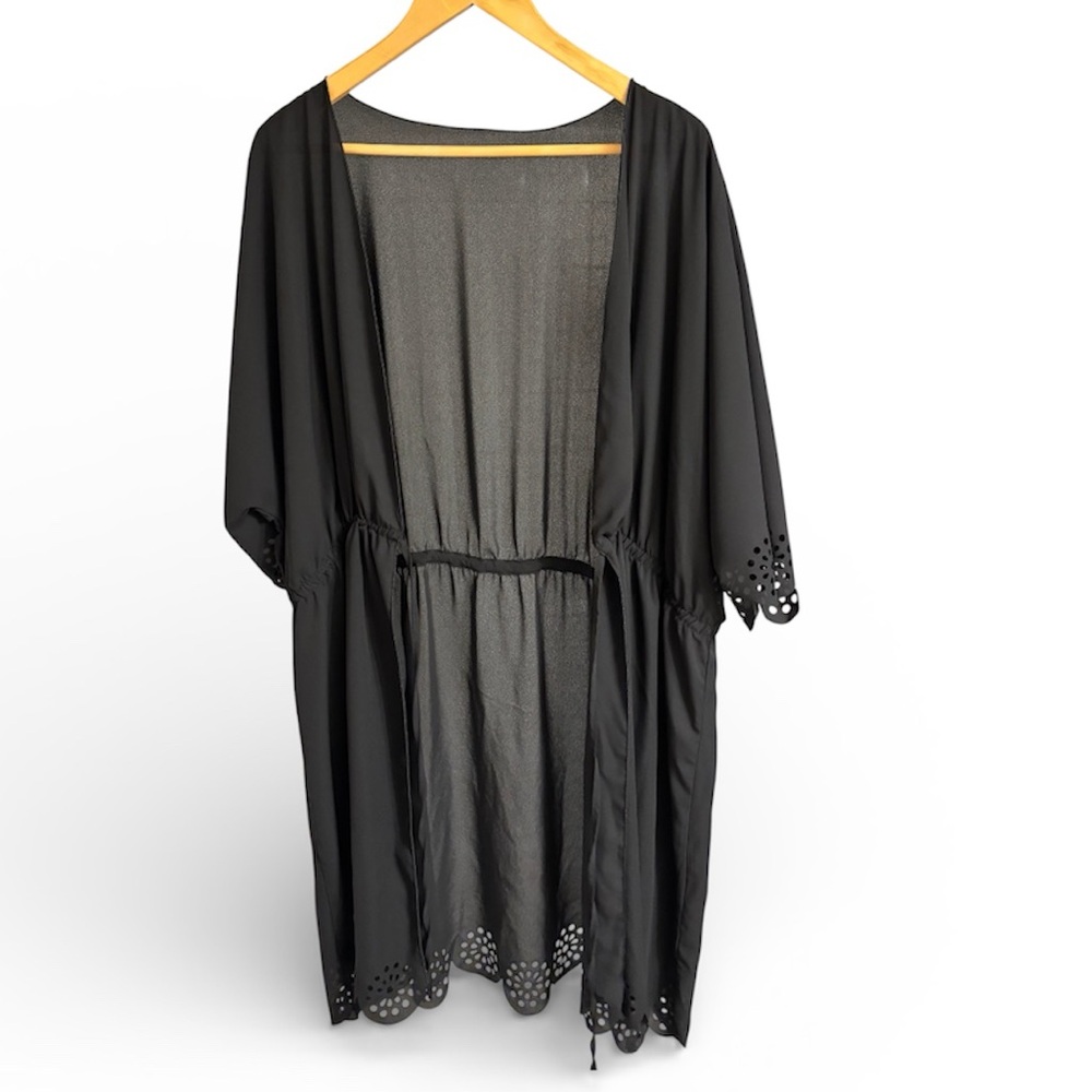 Black Eyelet trim Kimono Style Cover-Up - Picture 4 of 5